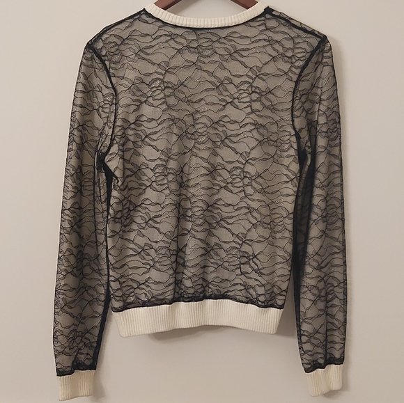 Behnaz Sarafpour Size Medium Black and White Lacy Overlay Snap Button Cardigan - Picture 2 of 8